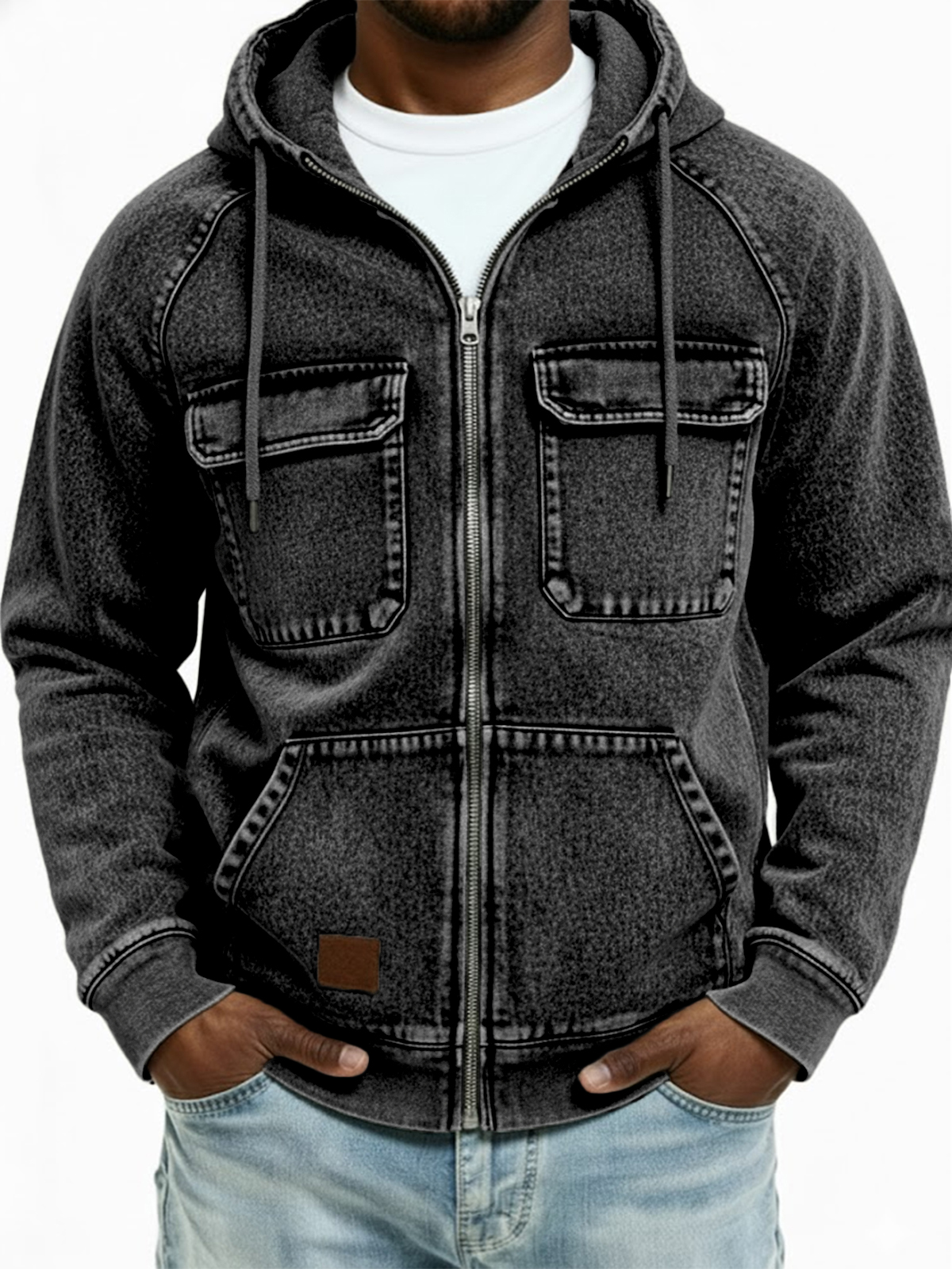 Herren Vintage Abgenutzte Mehrfachtaschen Voller Reißverschluss Kapuzenstrickjacke-deurabatt