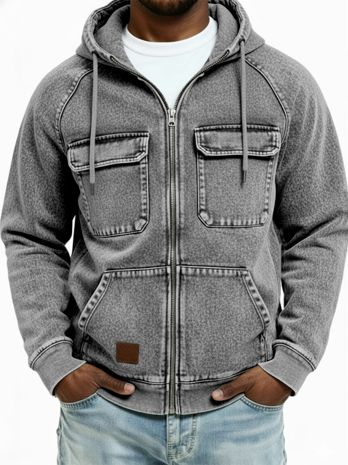 Herren Vintage Abgenutzte Mehrfachtaschen Voller Reißverschluss Kapuzenstrickjacke-deurabatt