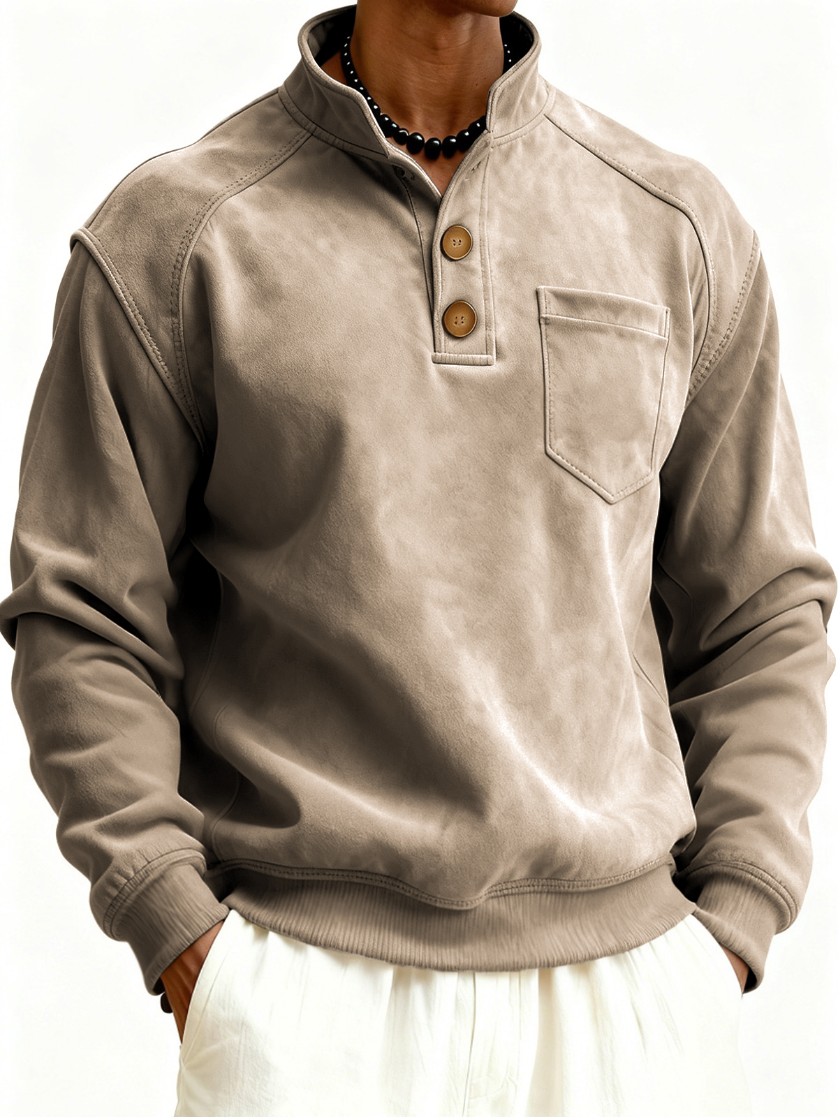 Herren Faux Suede Raglanärmel Button-down Stehkragen Pullover Sweatshirt mit Brusttasche-deurabatt