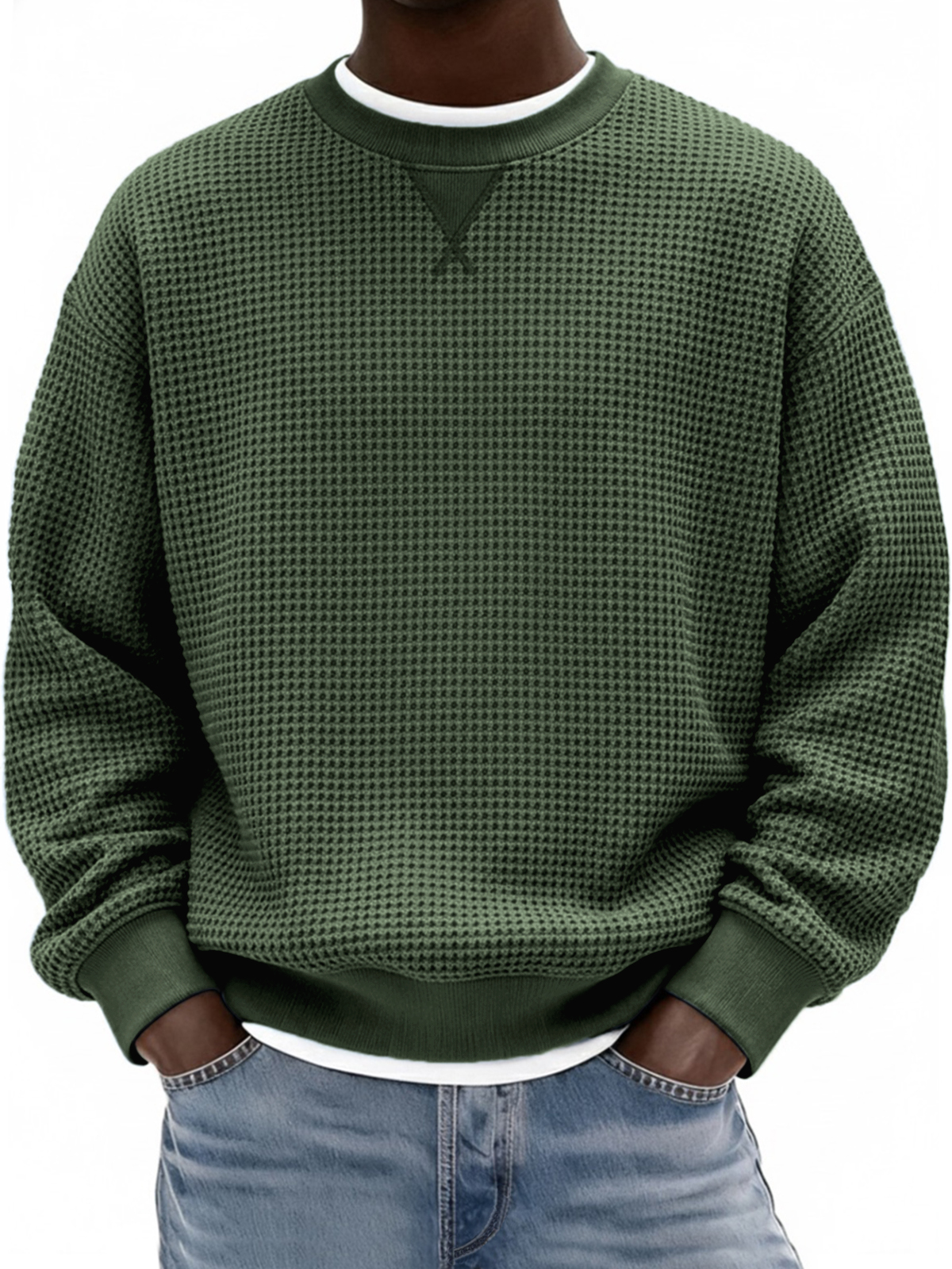 Herren Waffelstruktur X-Stich Rundhals Pullover Sweatshirt-deurabatt
