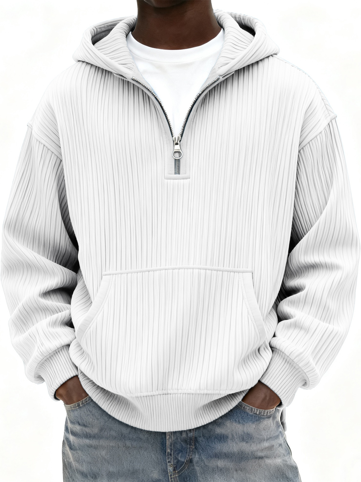 Herren Rippstrick Viertel Reißverschluss Hoodie mit Kängurutasche-deurabatt