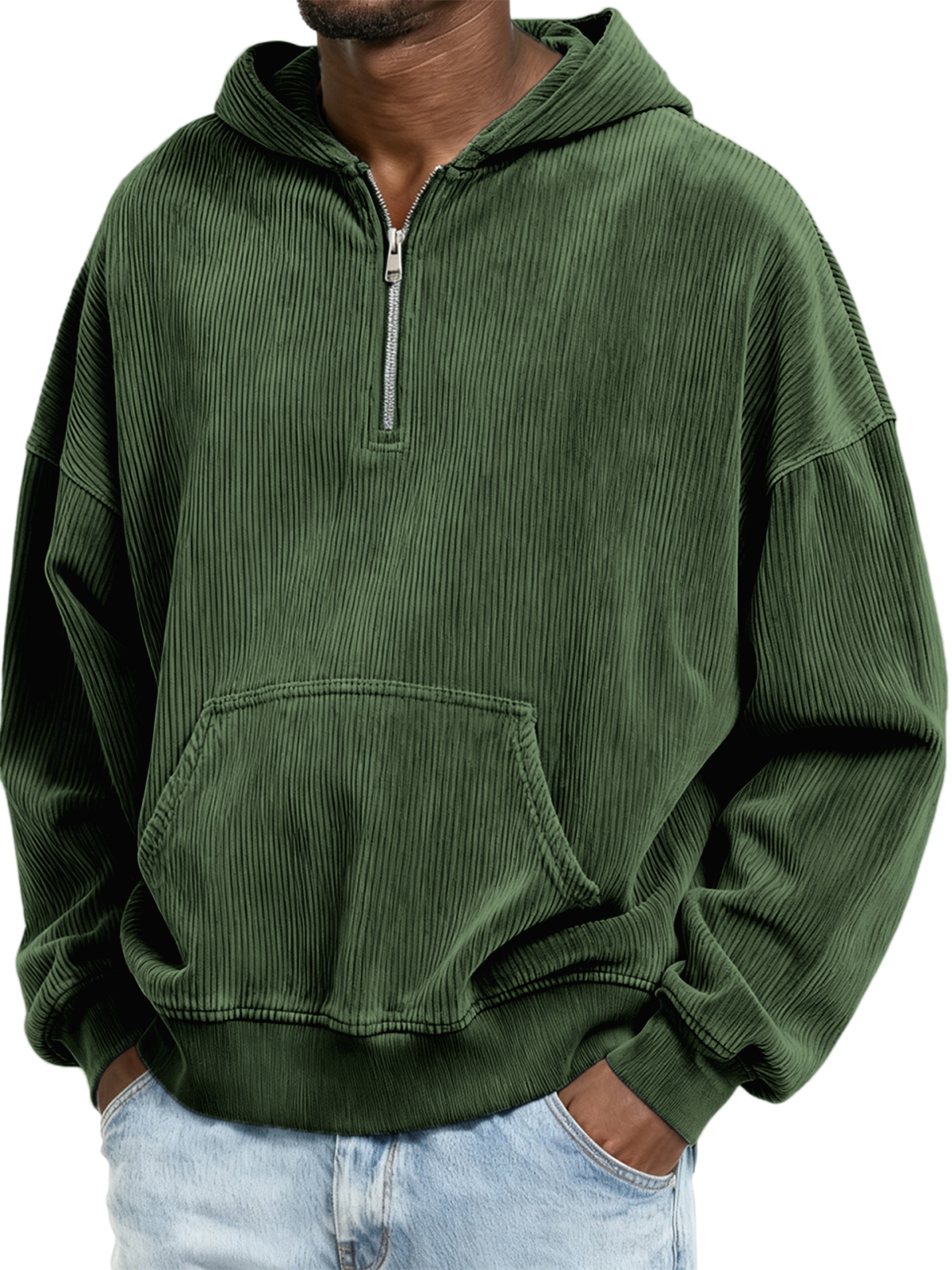 Corduroy-Ripp-Stilvoller Viertel-Reißverschluss-Pullover mit Kängurutasche-deurabatt