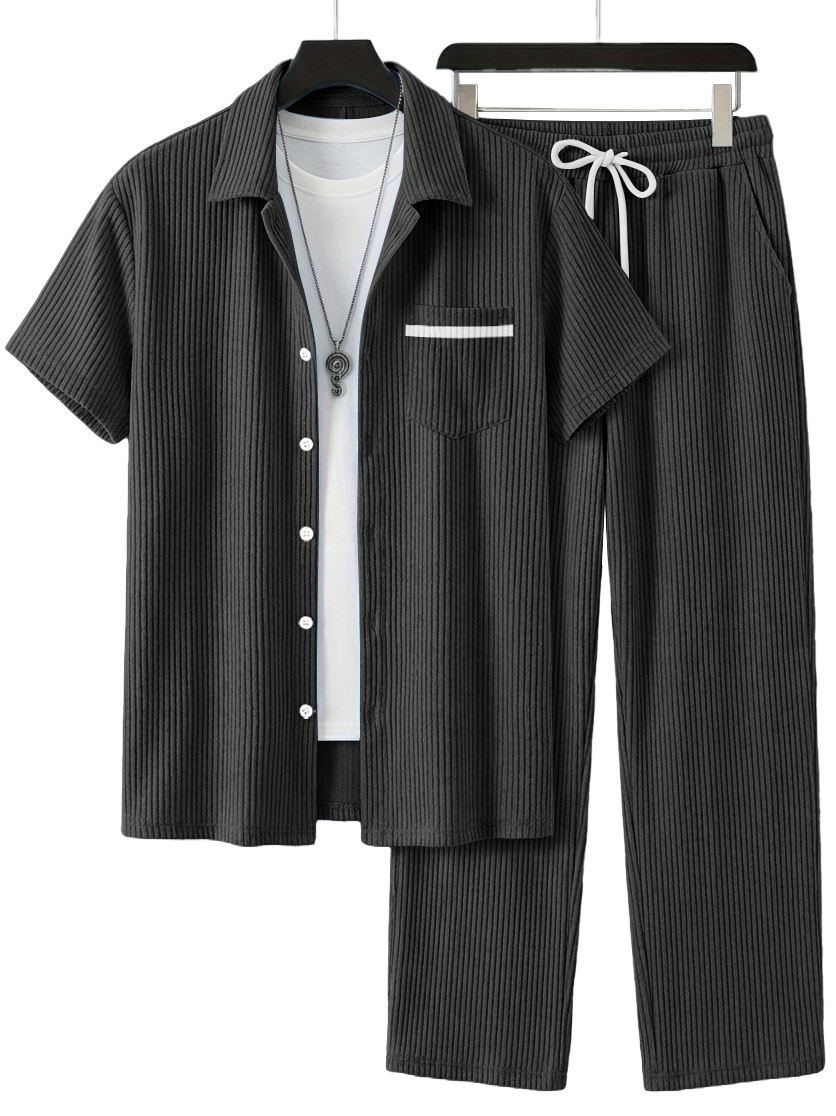 Herren Einfaches Lässiges Geripptes Pocket Kurzarmhemd und Lässige Hose Set OOTD-deurabatt