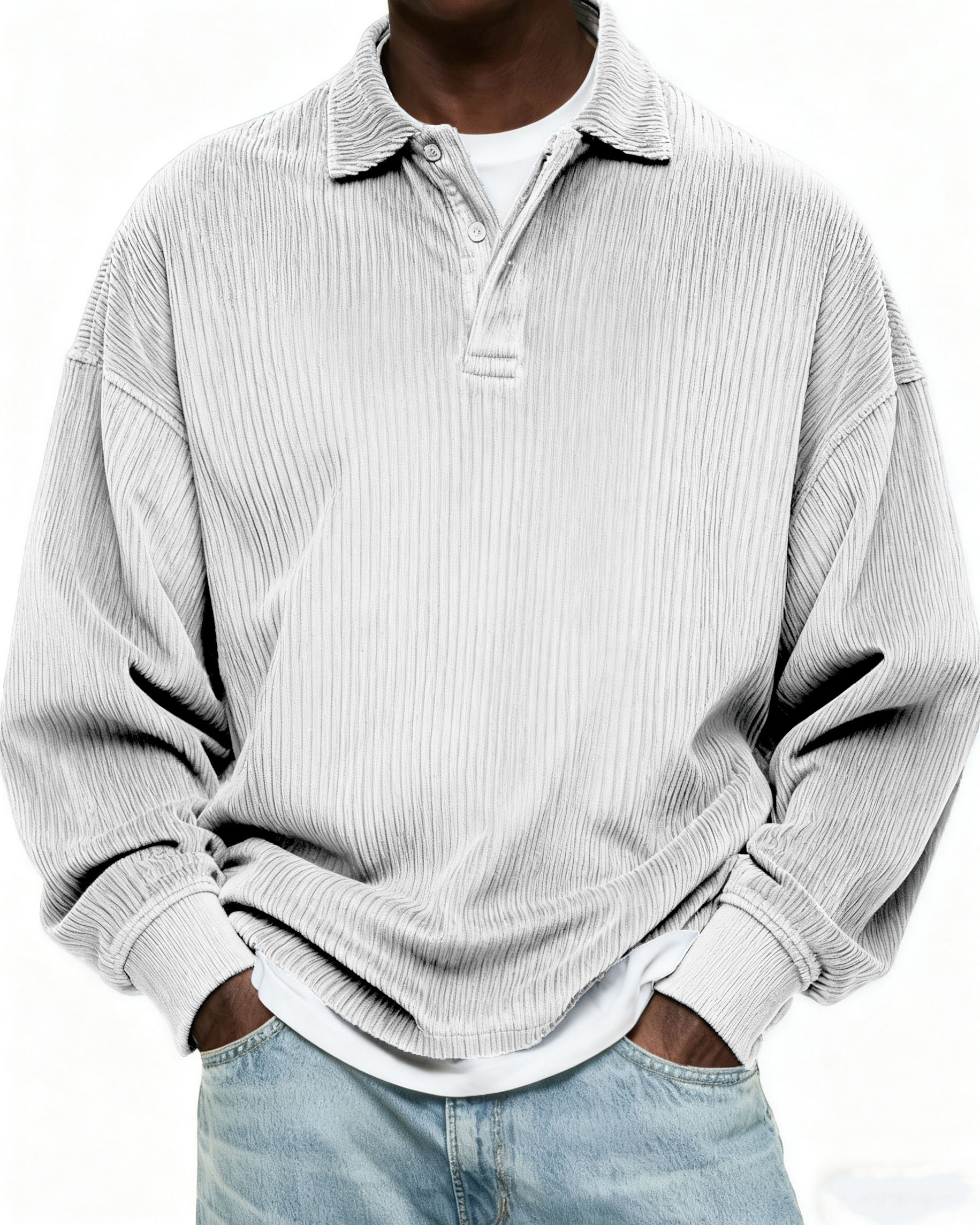 Herren Einfaches Cordstoff Textur Knopf Alltag Pullover POLO Hemd-deurabatt