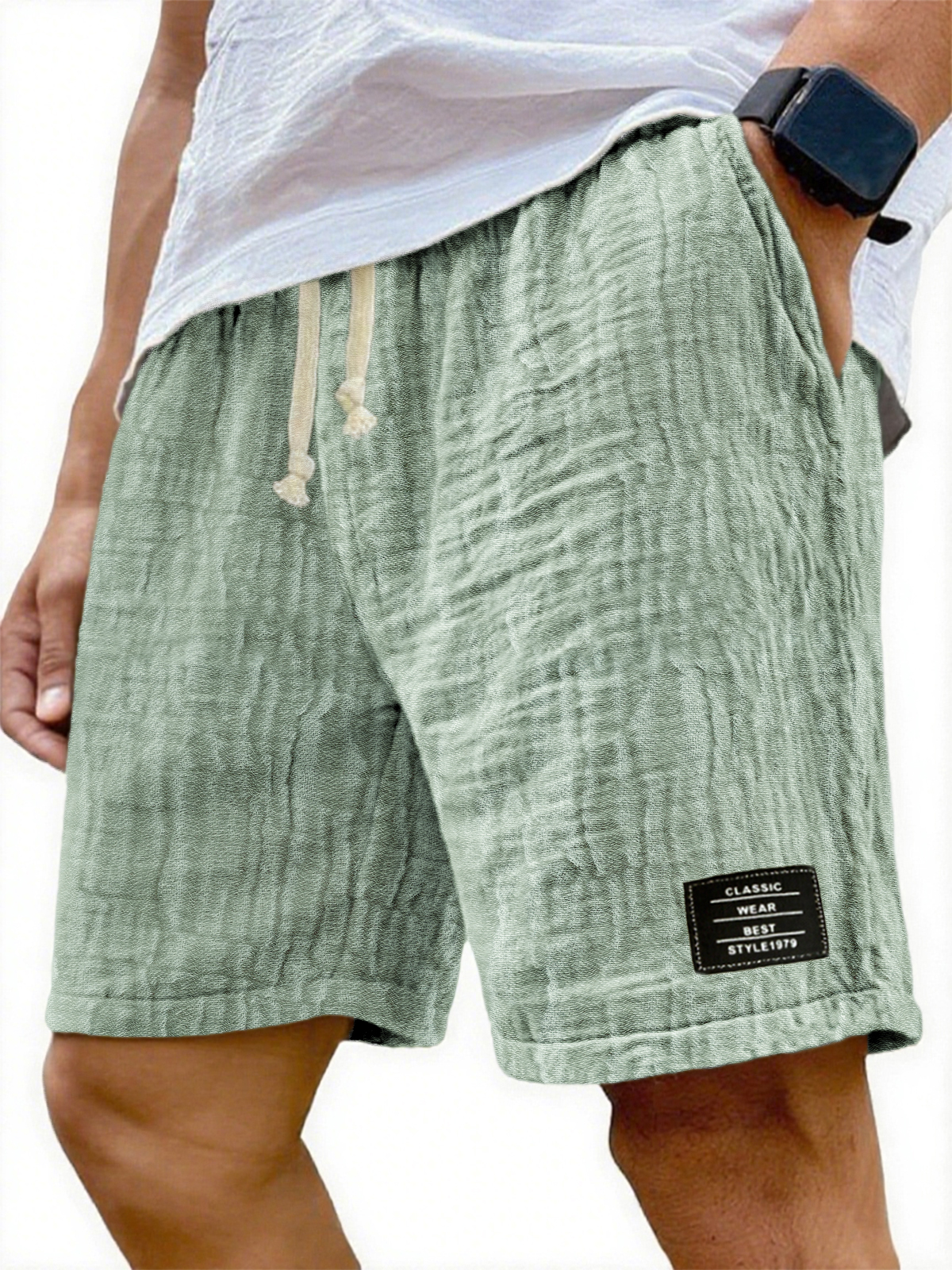 Herren Soft Crinkled Gauze Atmungsaktive Urlaub Bestickte Schnürshorts
