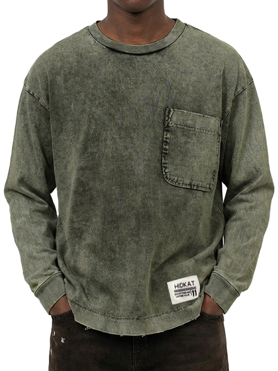 Herren Vintage gewaschenes und beschädigtes Baumwoll-T-Shirt mit langen Ärmeln-deurabatt