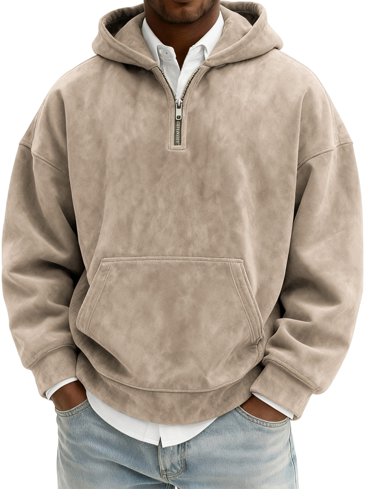 Herren Vintage Wildleder Viertel-Reißverschluss Kapuzenpullover mit Kängurutasche-deurabatt