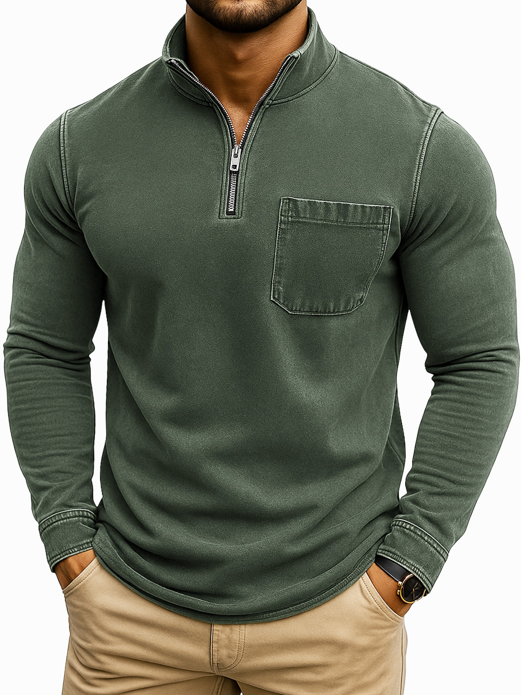 Herren Retro Casual Gewaschen Abgenutzt Viertel Reißverschluss Tasche Langarm T-Shirt-deurabatt
