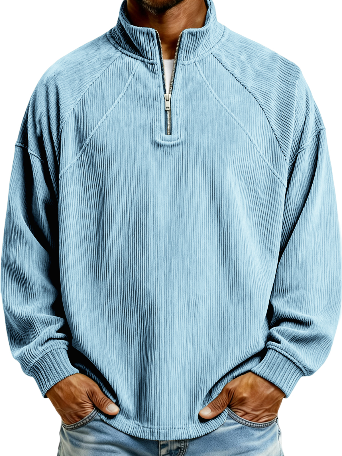 Herren Einfaches Corduroy Geripptes Viertel-Reißverschluss Raglan Ärmel Pullover Polo-Shirt-ZierMode