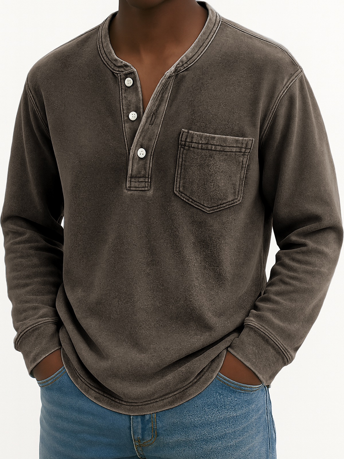 Herren Vintage Abgenutztes Taschen Freizeit Langarm Henley Shirt-deurabatt