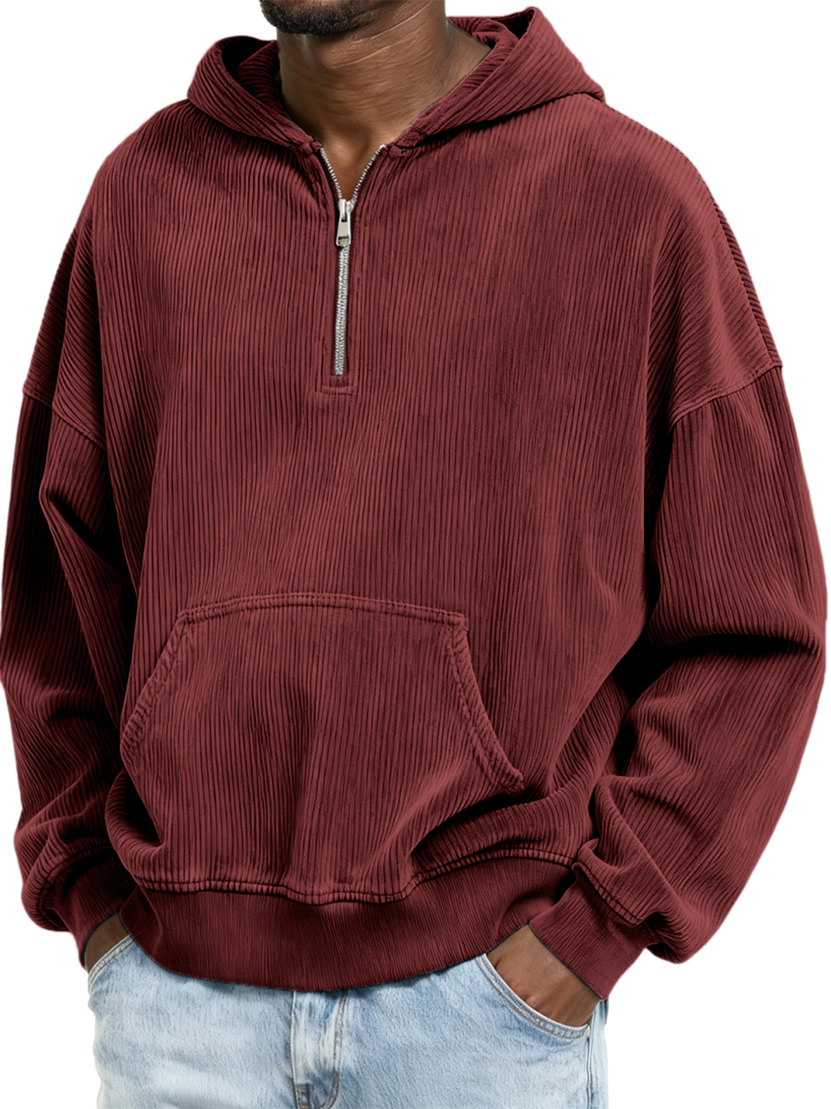 Corduroy-Ripp-Stilvoller Viertel-Reißverschluss-Pullover mit Kängurutasche-deurabatt