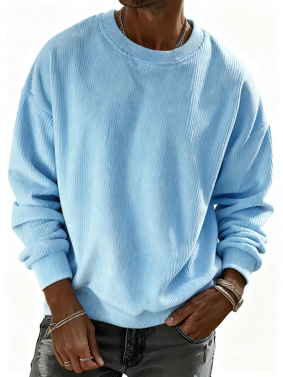 Herren Pullover Sweatshirt aus einfarbigem Cordstoff mit Streifen-deurabatt