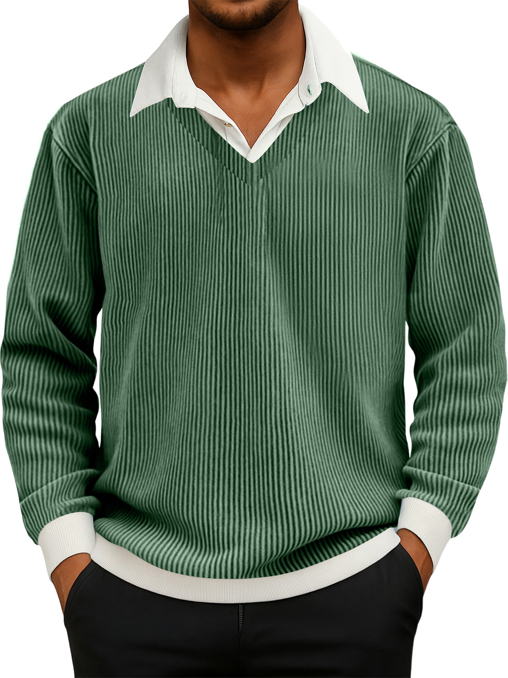 Herren Freizeit Faux Zwei-Teiliges Rippkragen Langarm Sweatshirt-deurabatt
