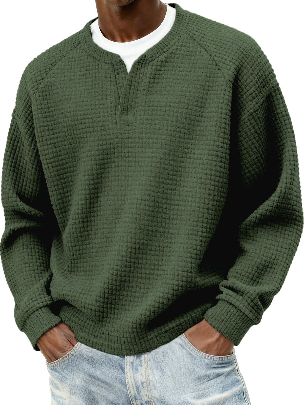 Herren Stylischer Cord Waffel Fake Zweiteiler V-Ausschnitt Raglan Ärmel Pullover Sweatshirt-ZierMode