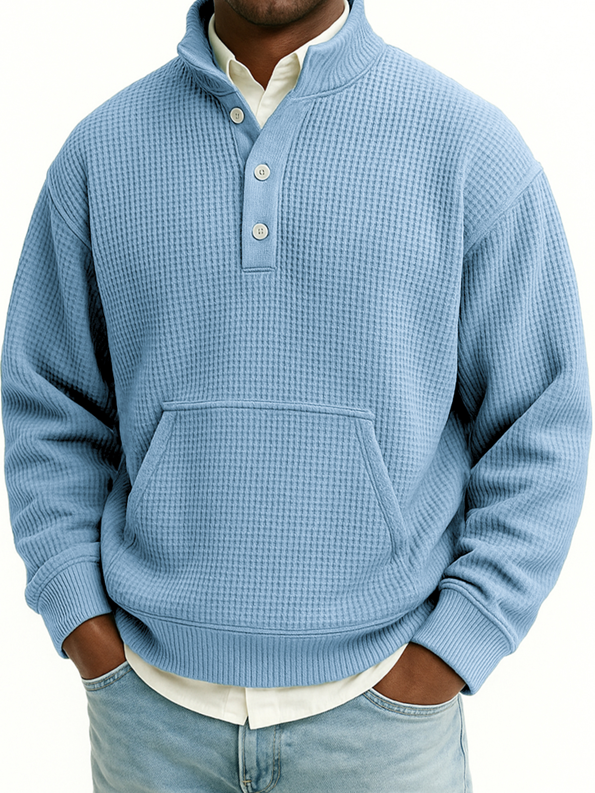 Herren Waffel Viertel Reißverschluss Stehkragen Sweatshirt mit Kängurutaschen-deurabatt