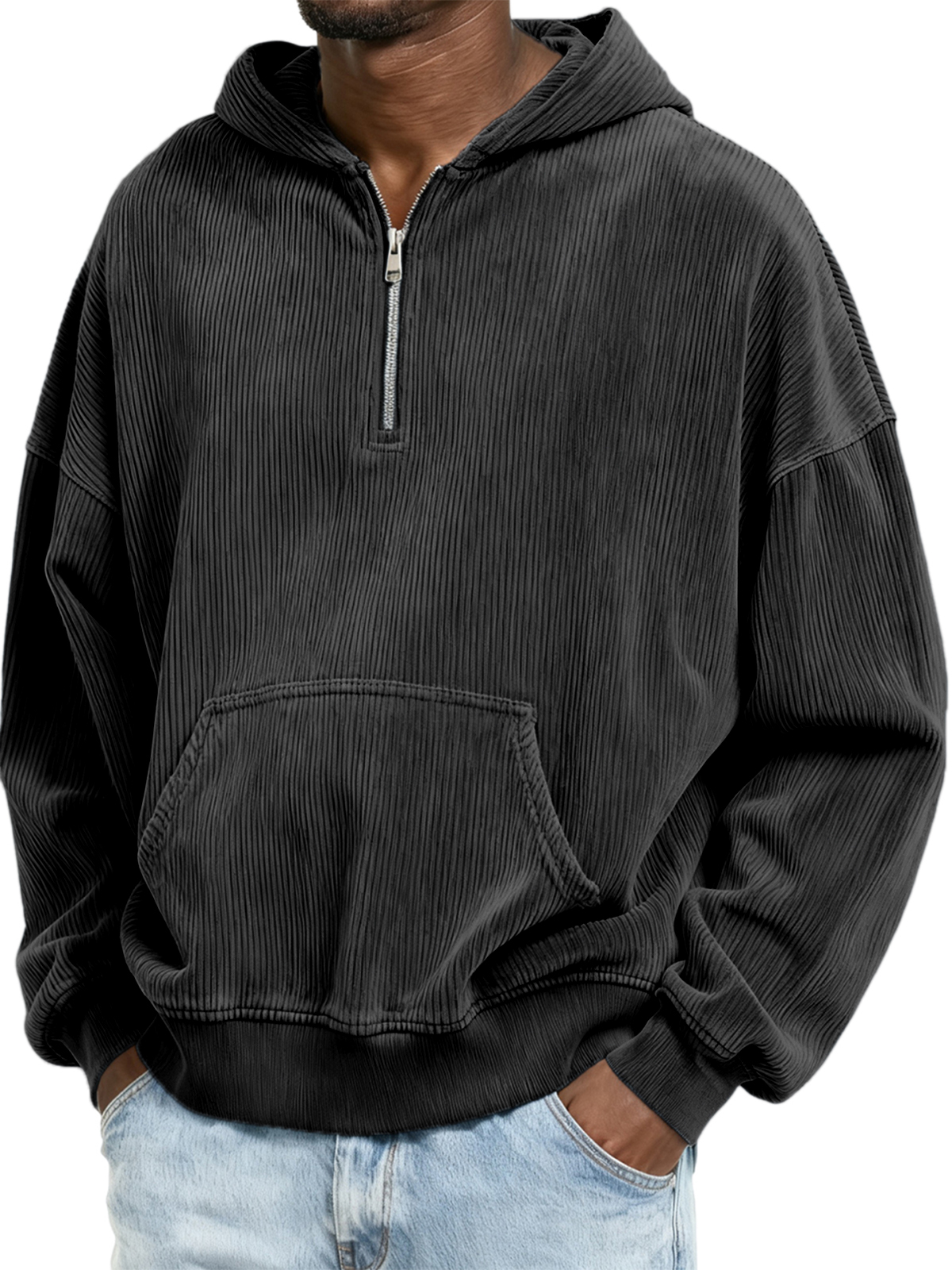 Corduroy-Ripp-Stilvoller Viertel-Reißverschluss-Pullover mit Kängurutasche-deurabatt