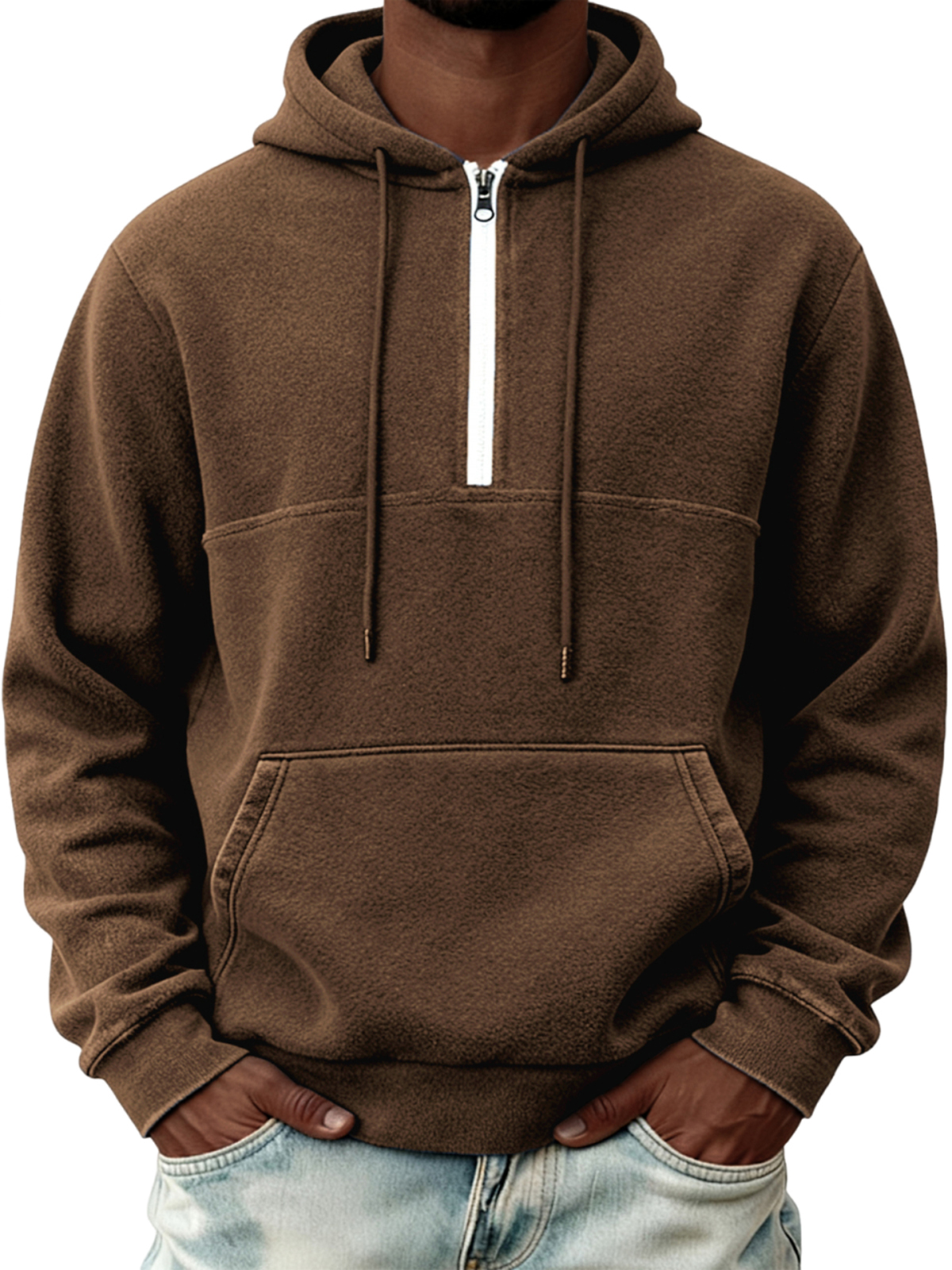 Warmes Herren-Fleece-Sweatshirt mit halben Reißverschluss und Kapuze-deurabatt