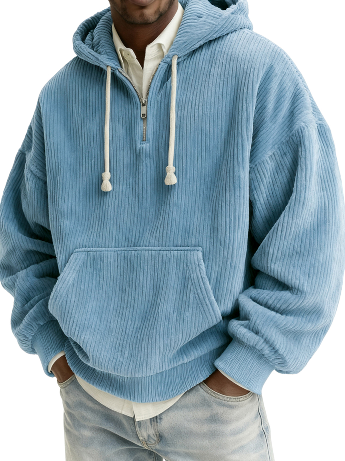 Herren Stylischer Viertelreißverschluss Corduroy Kapuzenpullover mit Kängurutaschen-deurabatt