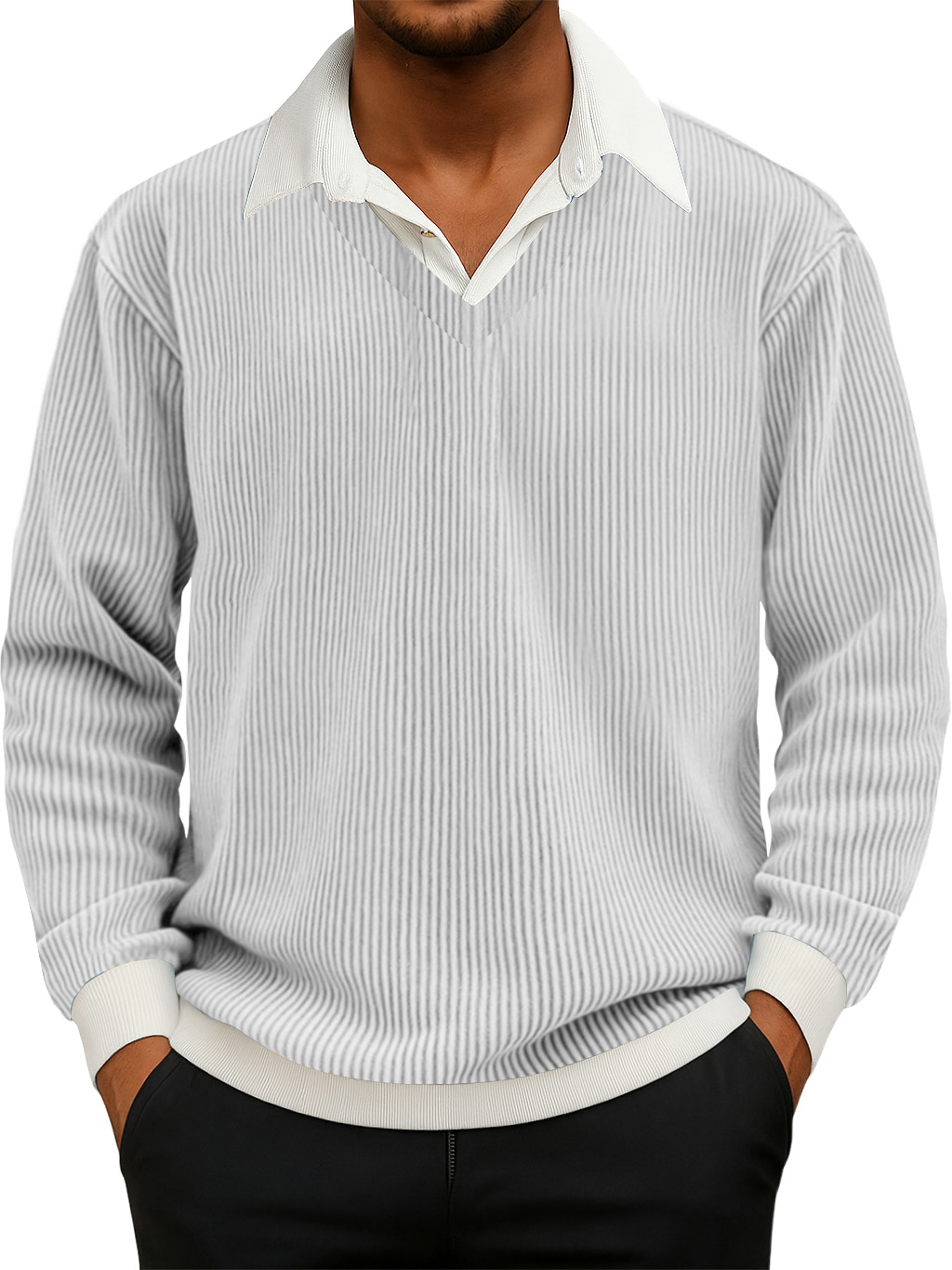 Herren Freizeit Faux Zwei-Teiliges Rippkragen Langarm Sweatshirt-deurabatt