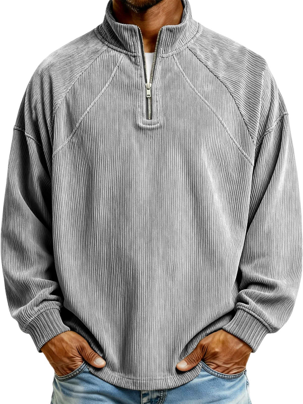 Herren Einfaches Corduroy Geripptes Viertel-Reißverschluss Raglan Ärmel Pullover Polo-Shirt-ZierMode