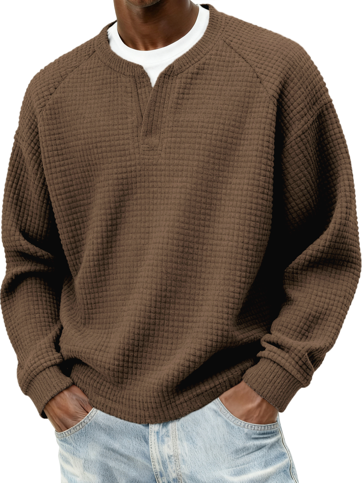 Herren Stylischer Cord Waffel Fake Zweiteiler V-Ausschnitt Raglan Ärmel Pullover Sweatshirt-ZierMode