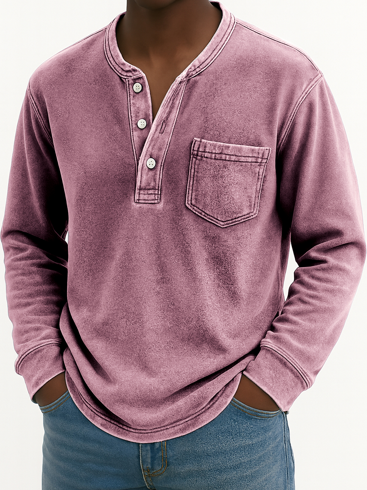 Herren Vintage Abgenutztes Taschen Freizeit Langarm Henley Shirt-deurabatt