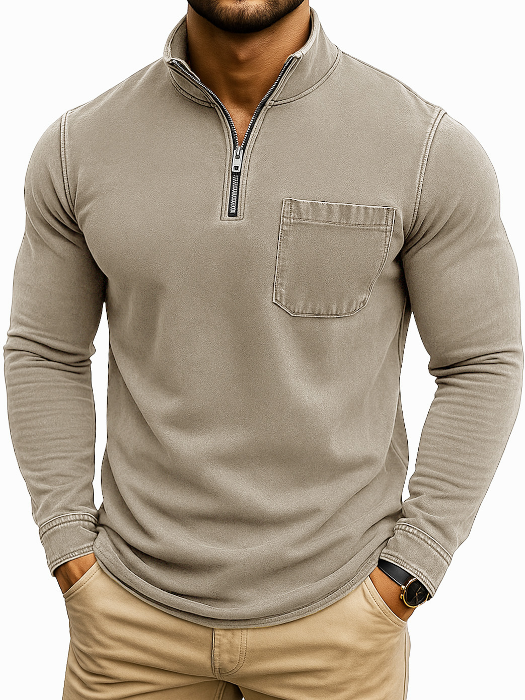 Herren Retro Casual Gewaschen Abgenutzt Viertel Reißverschluss Tasche Langarm T-Shirt-deurabatt