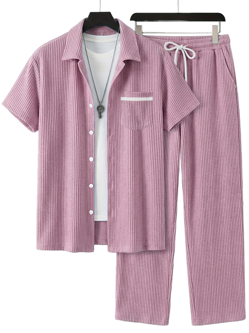 Herren Einfaches Lässiges Geripptes Pocket Kurzarmhemd und Lässige Hose Set OOTD-deurabatt