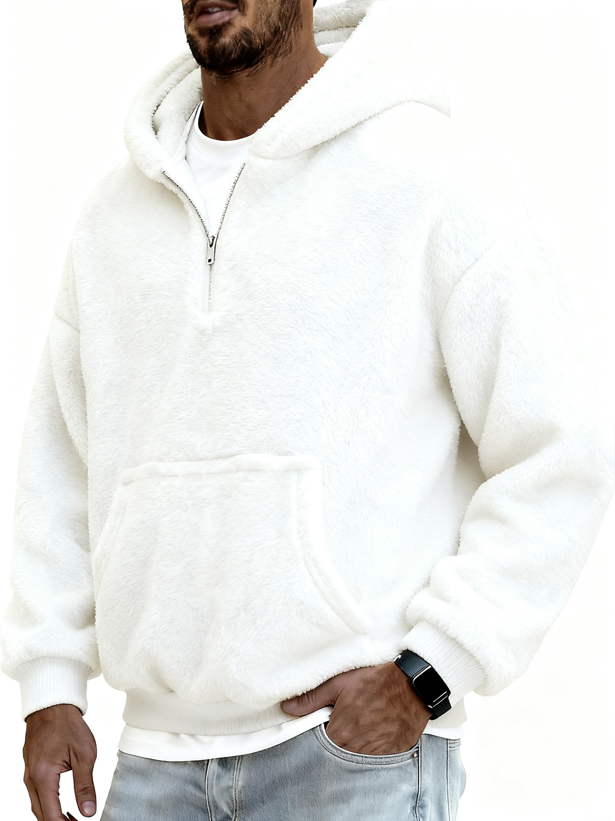 Herren Stylischer Korallenfleece Kapuzenpullover mit Kängurutaschen und einem Viertelreißverschluss-deurabatt