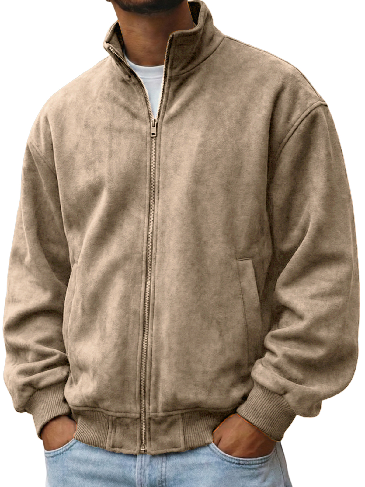 Herren-Komfortjacke aus strukturiertem Faxu-Wildleder mit Reißverschluss-deurabatt