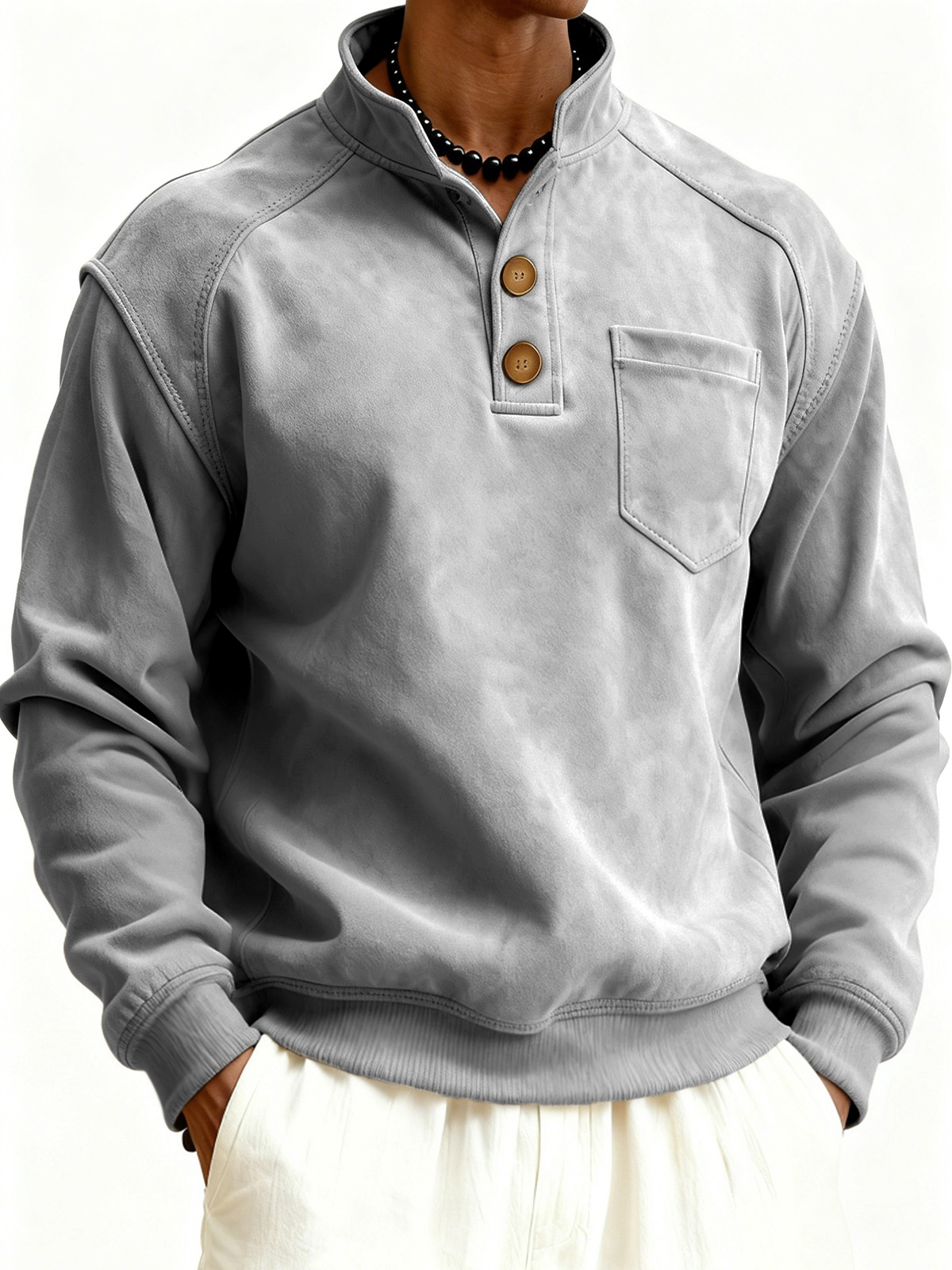 Herren Faux Suede Raglanärmel Button-down Stehkragen Pullover Sweatshirt mit Brusttasche-deurabatt