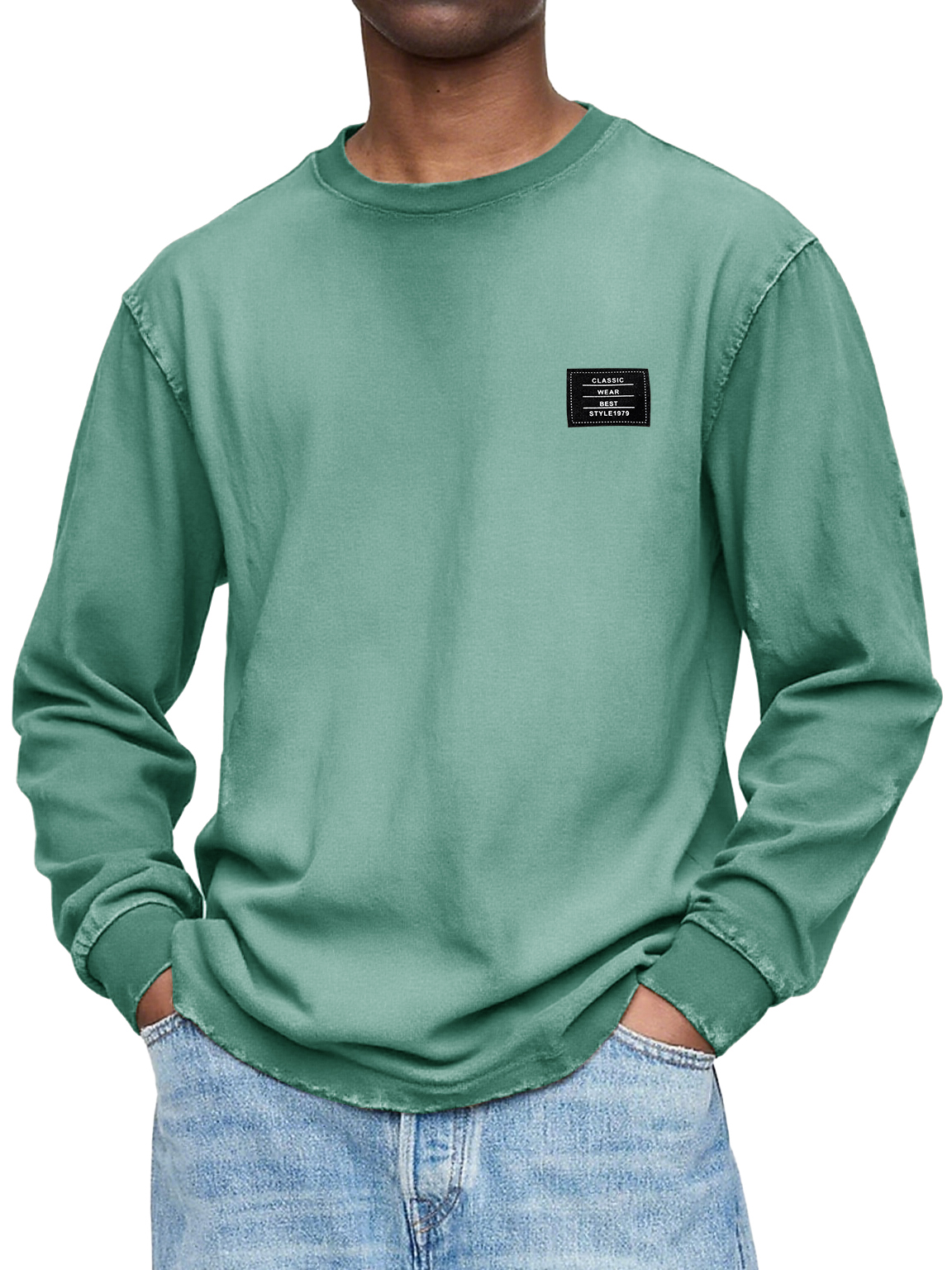 Herren Vintage Casual Gewaschen und Abgenutzt Schweres, Handgefertigtes Besticktes Logo Langarm-T-Shirt-ZierMode