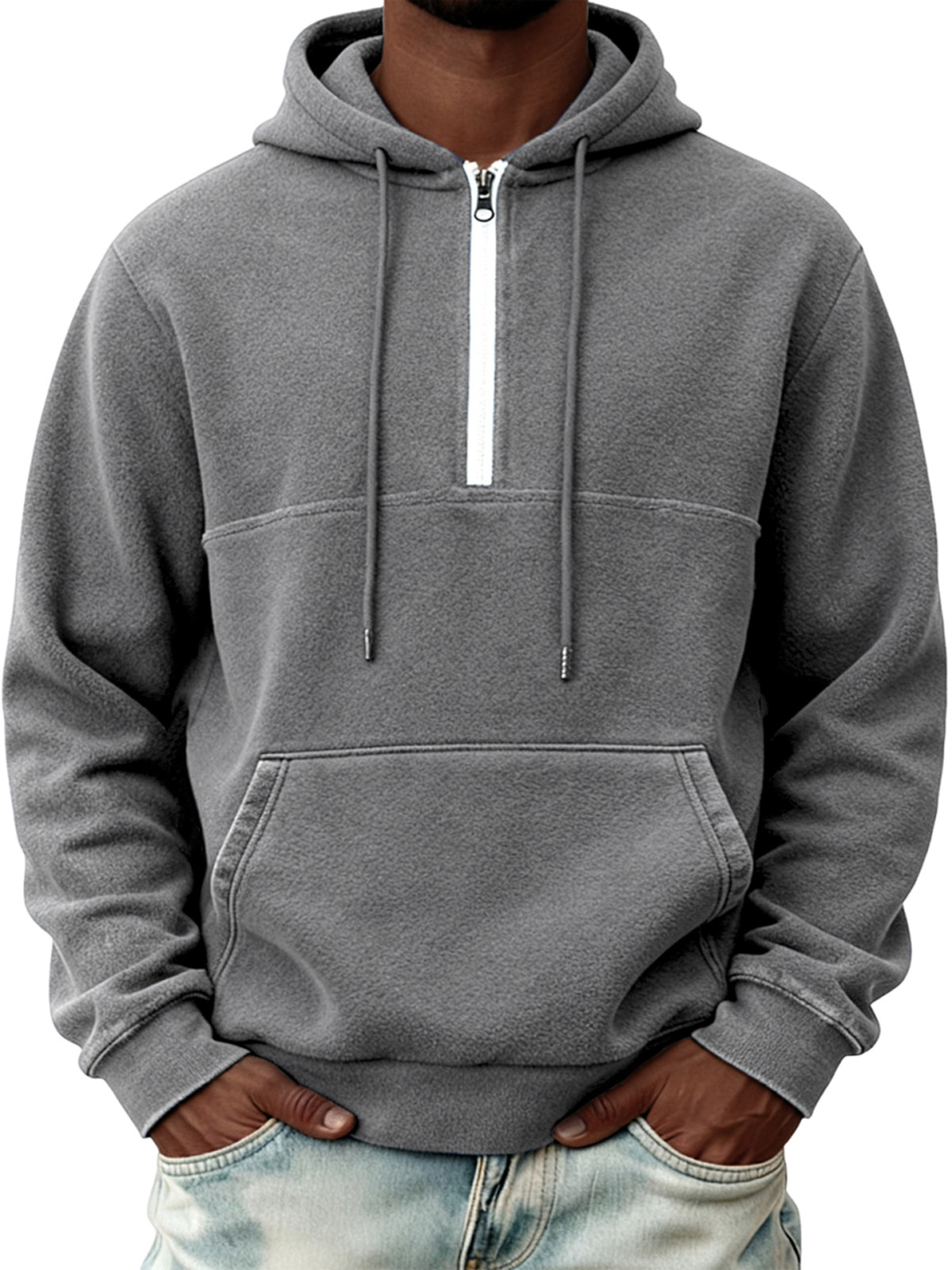 Warmes Herren-Fleece-Sweatshirt mit halben Reißverschluss und Kapuze-deurabatt