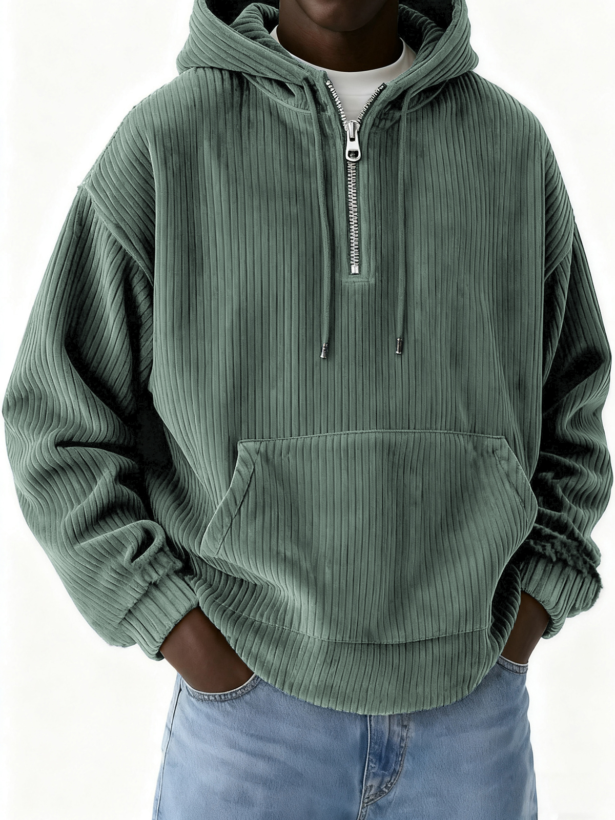 Herren-Cord-Sweatshirt mit halbem Reißverschluss und Kapuze-deurabatt