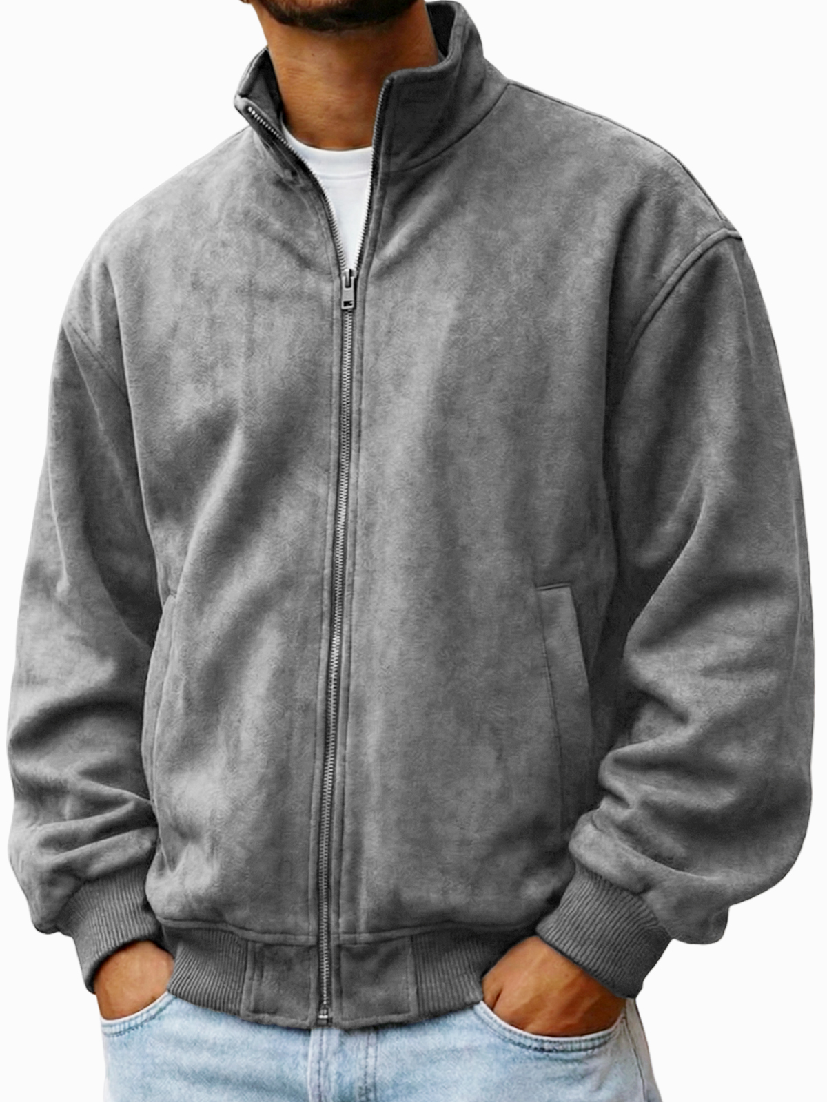Herren-Komfortjacke aus strukturiertem Faxu-Wildleder mit Reißverschluss-deurabatt