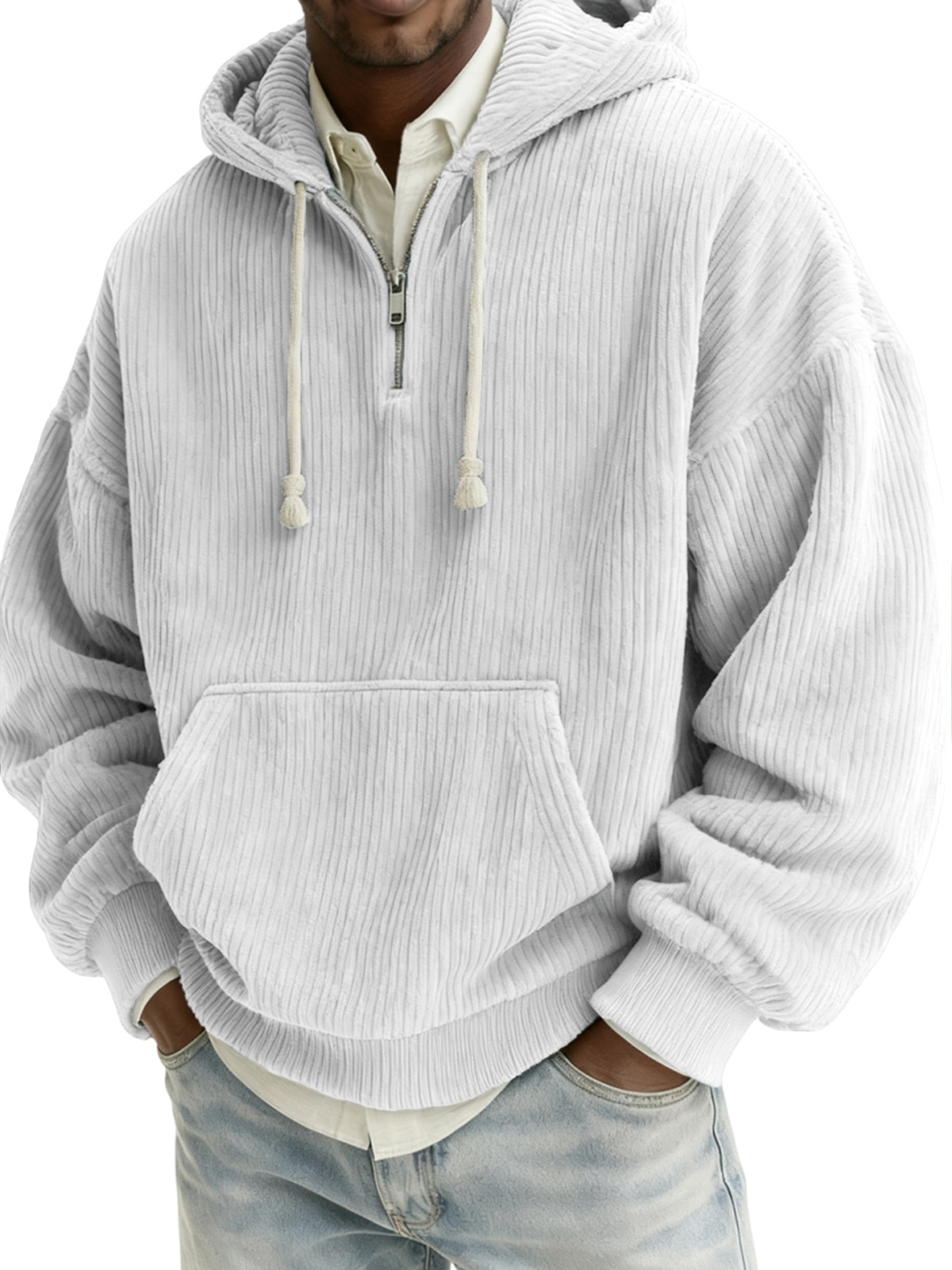 Herren Stylischer Viertelreißverschluss Corduroy Kapuzenpullover mit Kängurutaschen-deurabatt