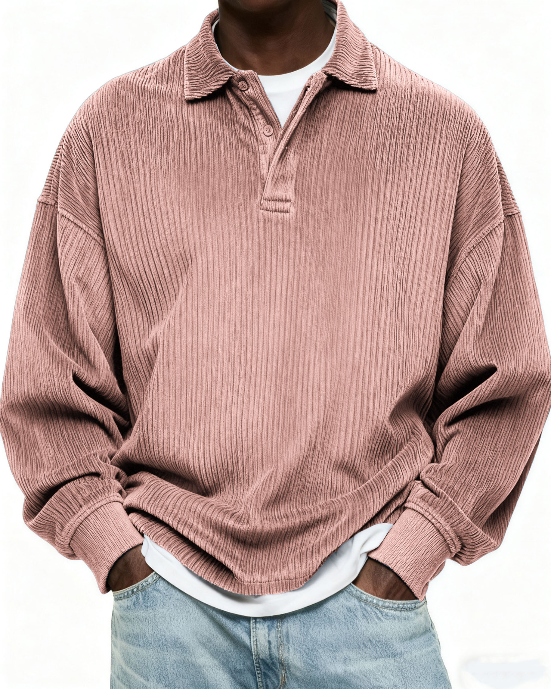Herren Einfaches Cordstoff Textur Knopf Alltag Pullover POLO Hemd-deurabatt