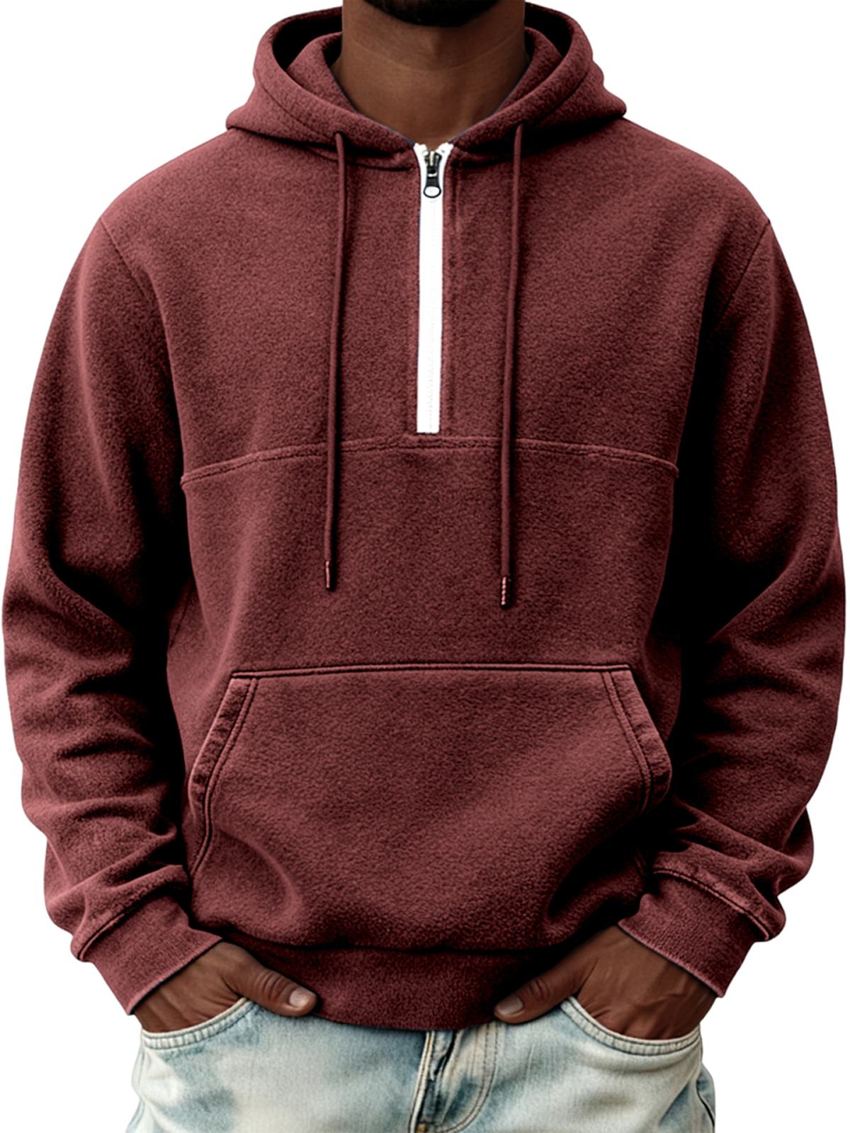 Warmes Herren-Fleece-Sweatshirt mit halben Reißverschluss und Kapuze-deurabatt