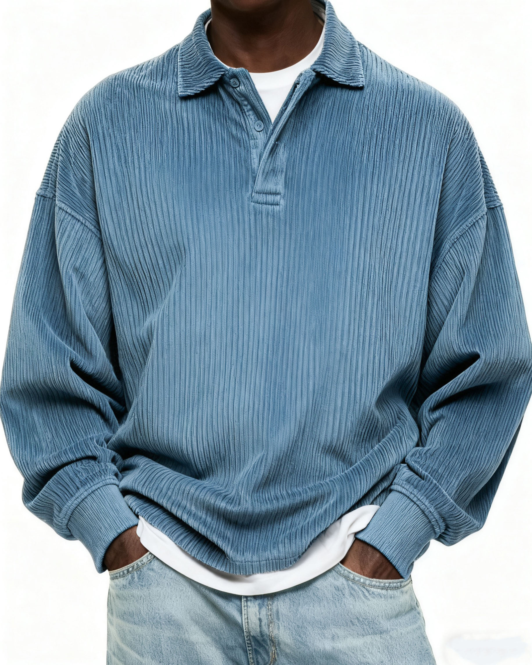 Herren Einfaches Cordstoff Textur Knopf Alltag Pullover POLO Hemd-deurabatt