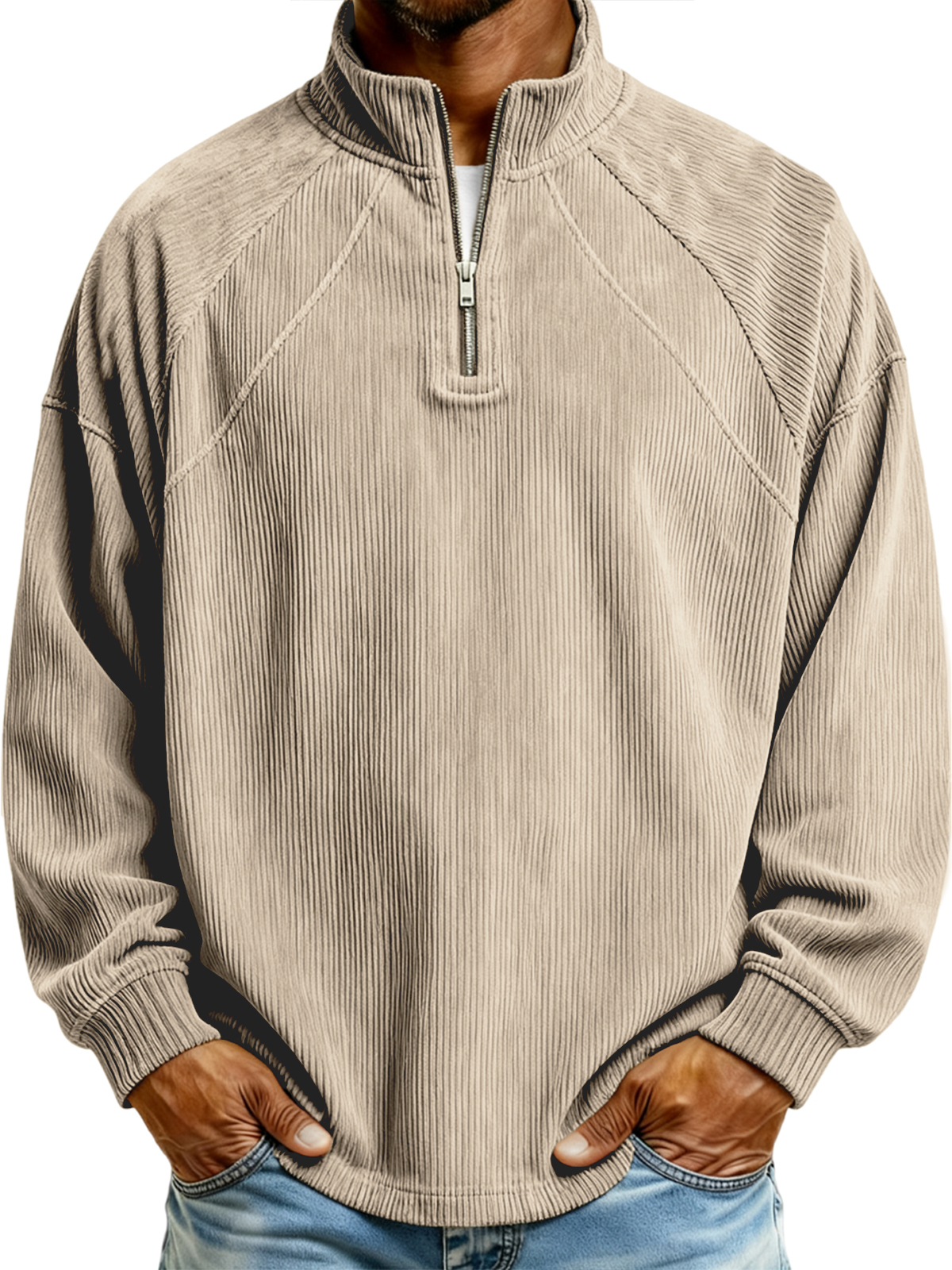 Herren Einfaches Corduroy Geripptes Viertel-Reißverschluss Raglan Ärmel Pullover Polo-Shirt-ZierMode