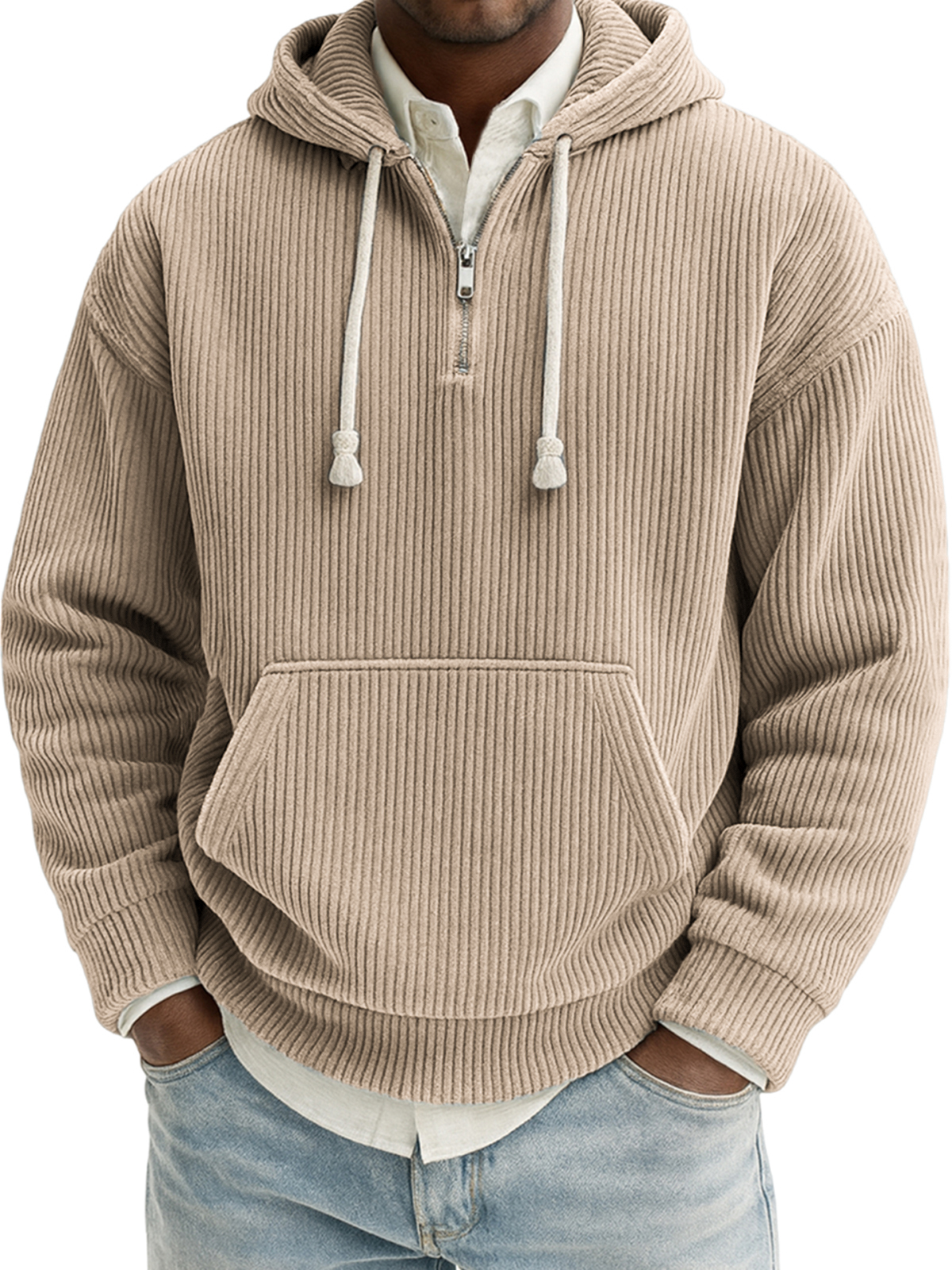 Herren Stilvoller Viertelreißverschluss Corduroy Gerippt Freizeit Pullover Kapuzen-Sweatshirt-deurabatt
