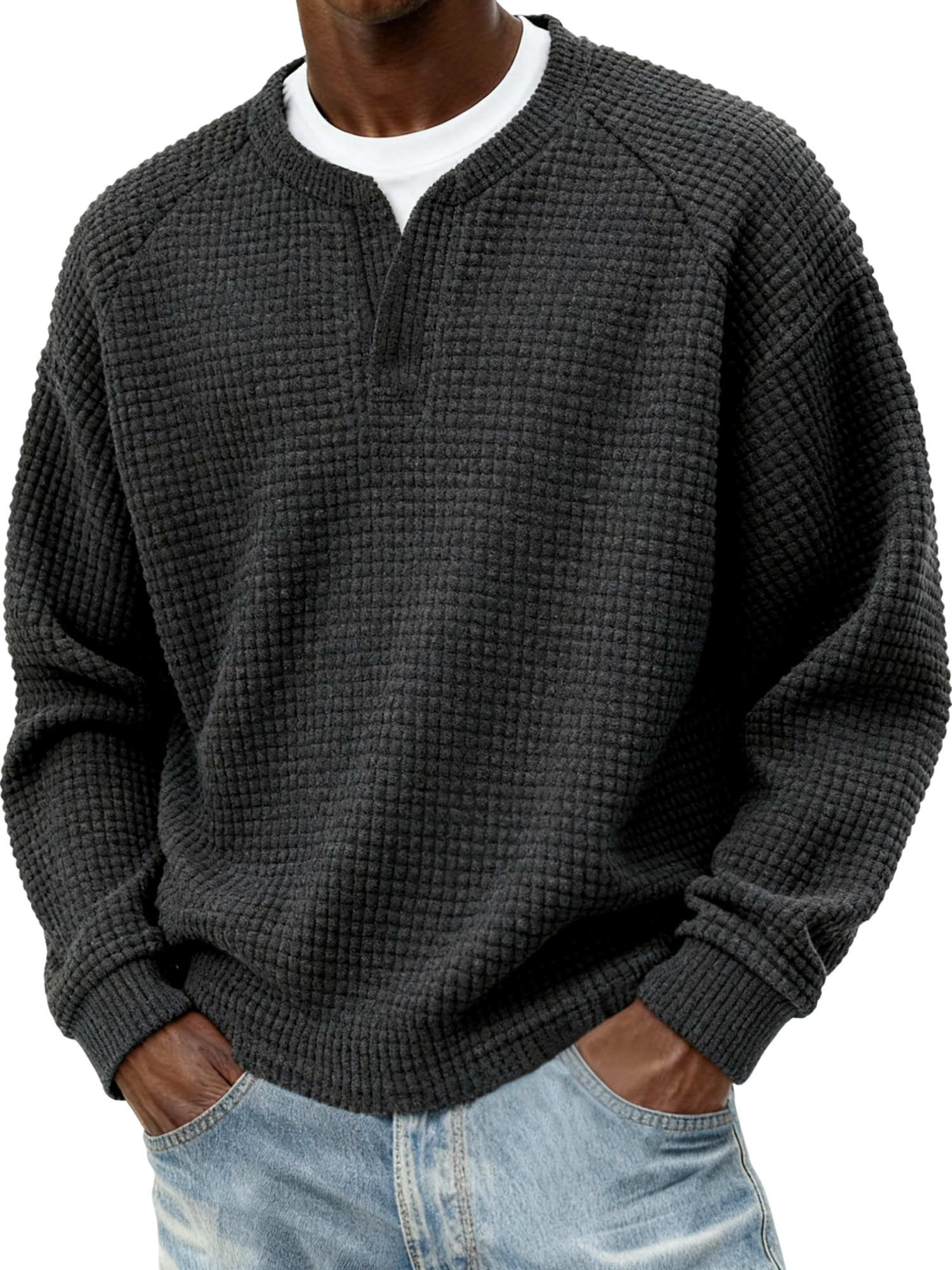 Herren Stylischer Cord Waffel Fake Zweiteiler V-Ausschnitt Raglan Ärmel Pullover Sweatshirt-ZierMode