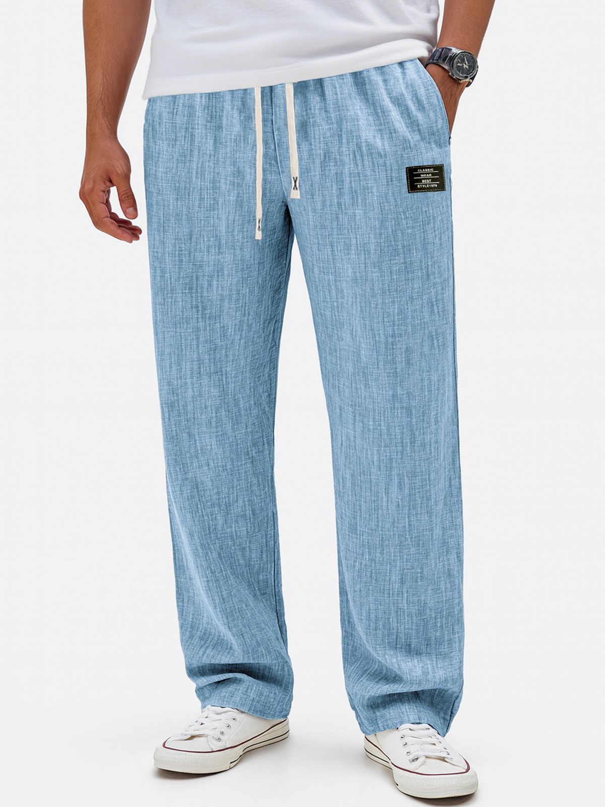 Herren Atmungsaktive Leinen Crinkle Freizeit Jogginghose mit Bestickten Etiketten-deurabatt