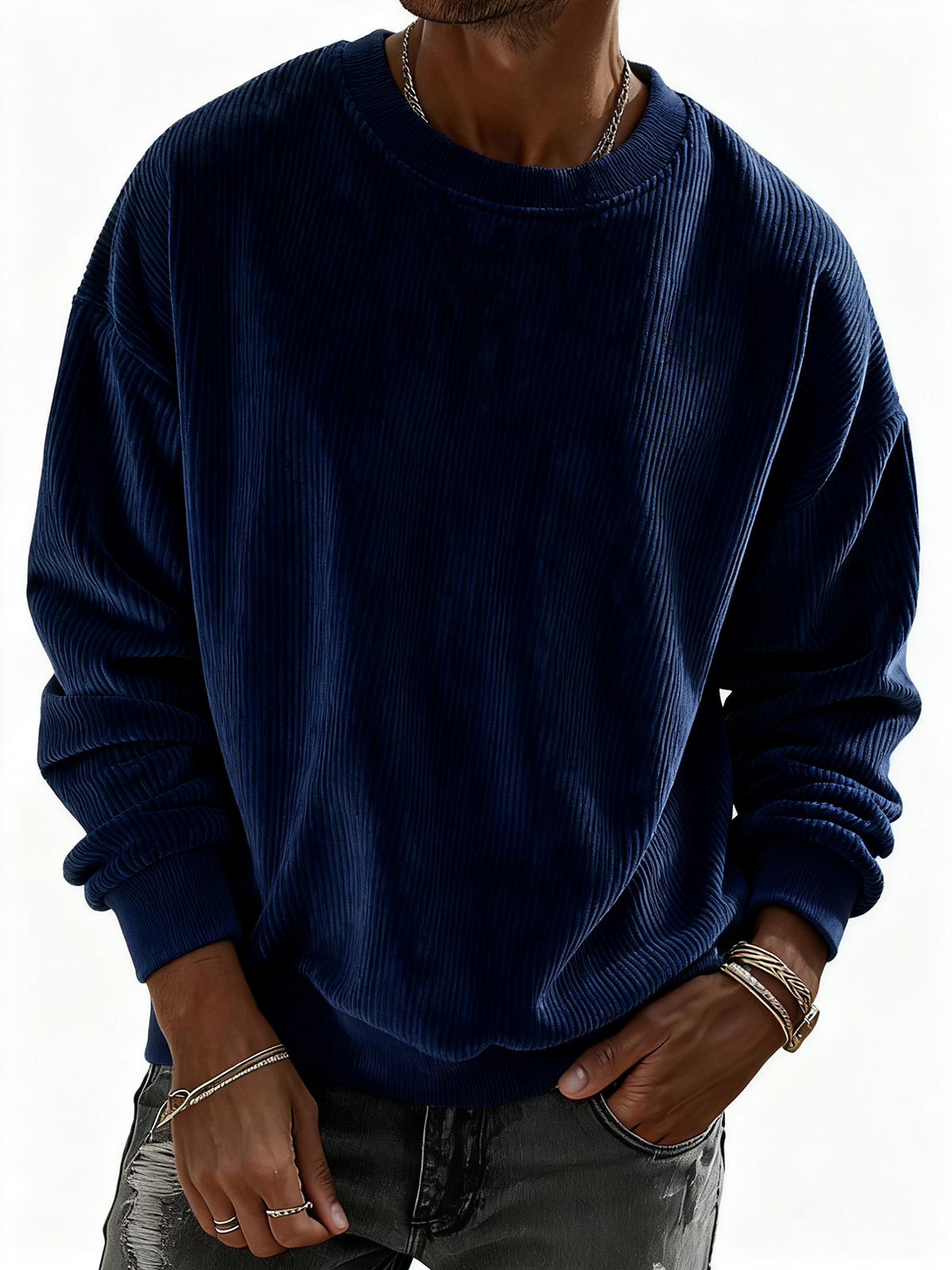 Herren Pullover Sweatshirt aus einfarbigem Cordstoff mit Streifen-deurabatt