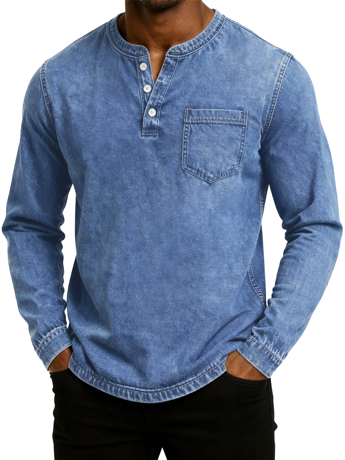 Herren Retro Mode gewaschenes, abgenutztes Henley-Kragen Langarm-T-Shirt-deurabatt