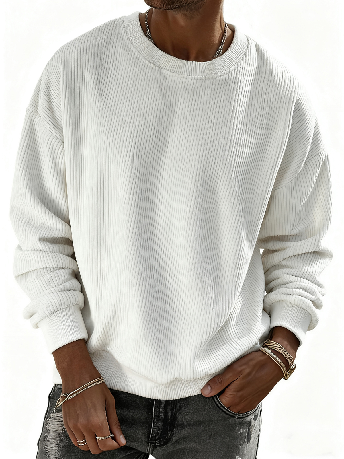 Herren Pullover Sweatshirt aus einfarbigem Cordstoff mit Streifen-deurabatt
