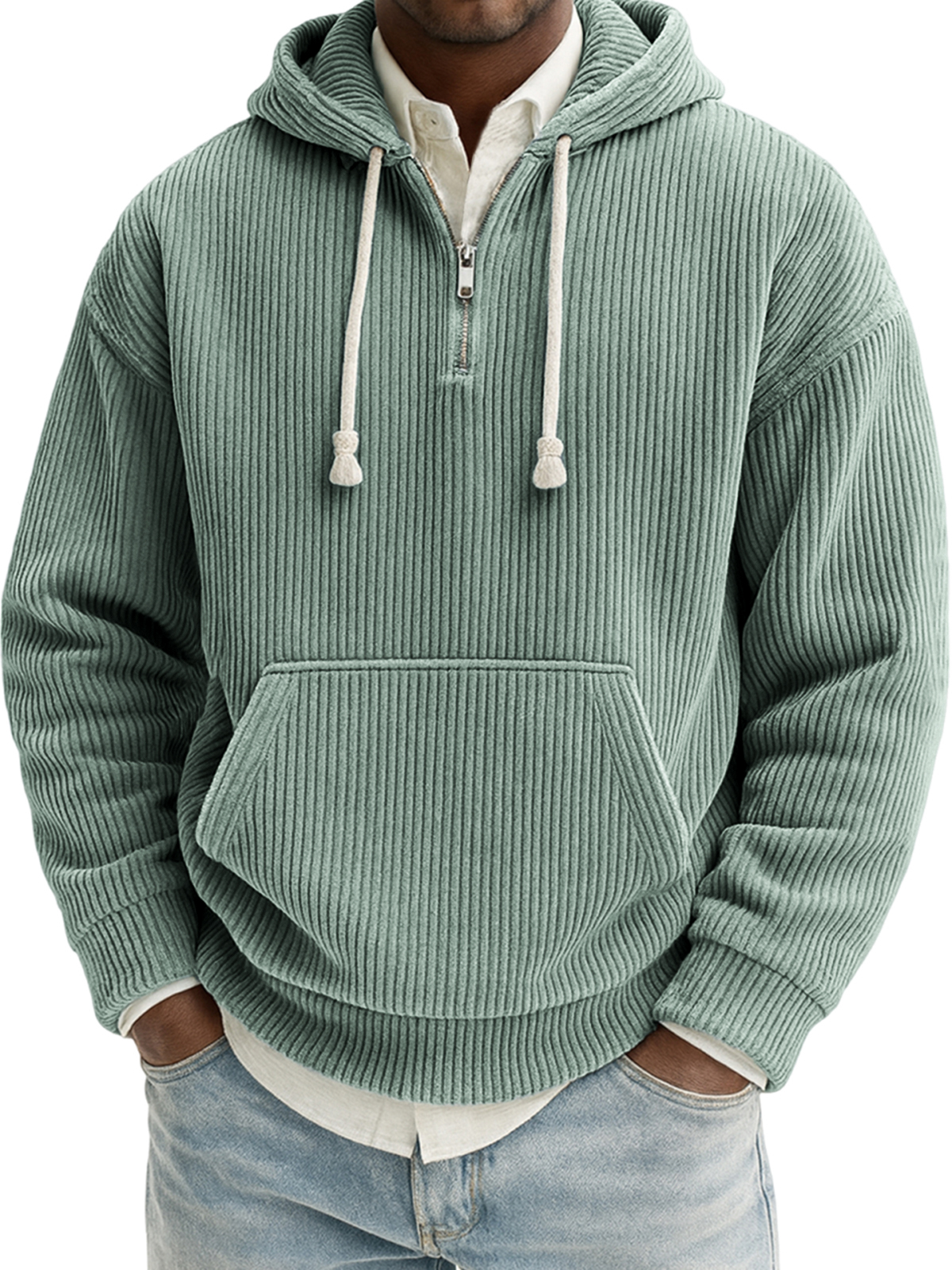 Herren Stilvoller Viertelreißverschluss Corduroy Gerippt Freizeit Pullover Kapuzen-Sweatshirt-deurabatt
