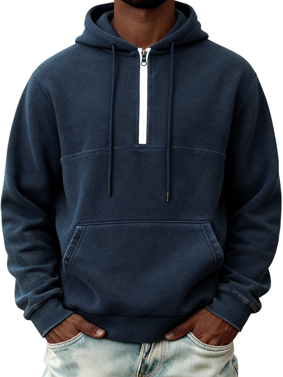 Warmes Herren-Fleece-Sweatshirt mit halben Reißverschluss und Kapuze-deurabatt