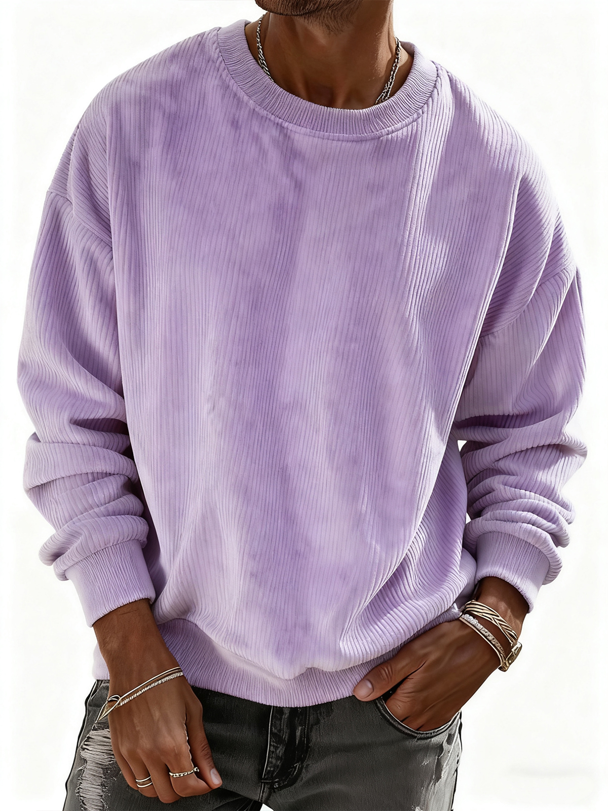 Herren Pullover Sweatshirt aus einfarbigem Cordstoff mit Streifen-deurabatt