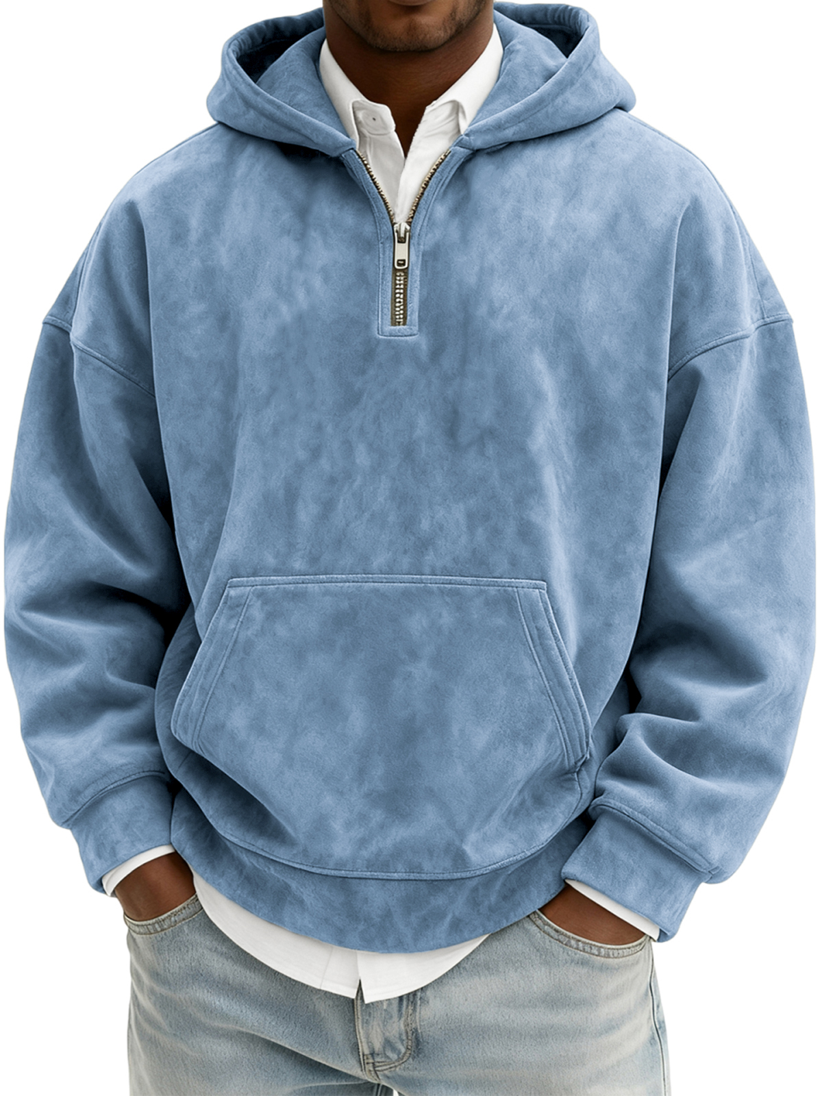 Herren Vintage Wildleder Viertel-Reißverschluss Kapuzenpullover mit Kängurutasche-deurabatt